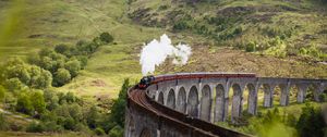 Preview wallpaper train, railroad, bridge, hills, smoke
