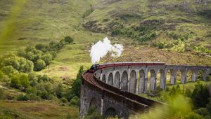 Preview wallpaper train, railroad, bridge, hills, smoke