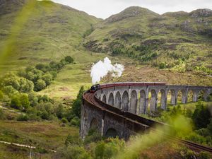 Preview wallpaper train, railroad, bridge, hills, smoke