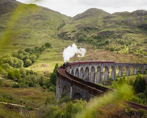 Preview wallpaper train, railroad, bridge, hills, smoke