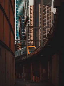 Preview wallpaper train, railroad, buildings, skyscrapers