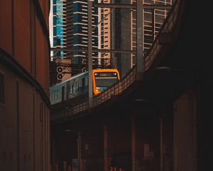 Preview wallpaper train, railroad, buildings, skyscrapers