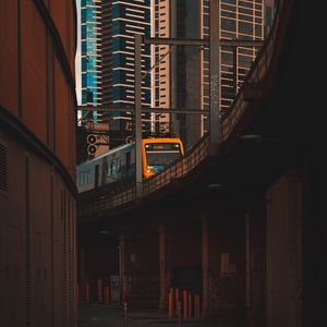 Preview wallpaper train, railroad, buildings, skyscrapers