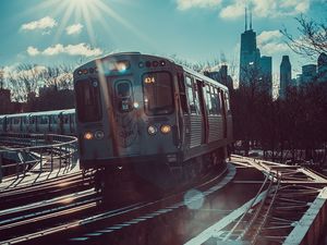 Preview wallpaper train, railroad, car, sunlight, movement