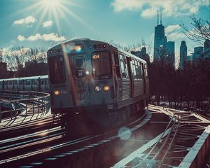 Preview wallpaper train, railroad, car, sunlight, movement