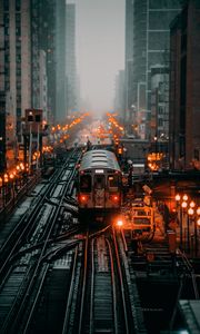 Preview wallpaper train, railroad, rails, city, fog