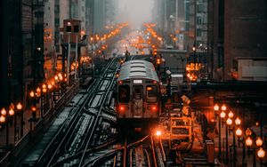 Preview wallpaper train, railroad, rails, city, fog