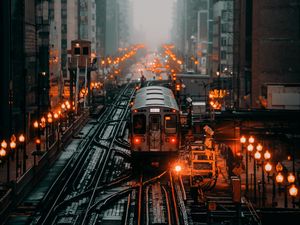 Preview wallpaper train, railroad, rails, city, fog