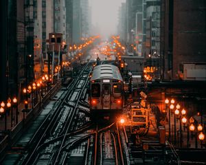 Preview wallpaper train, railroad, rails, city, fog