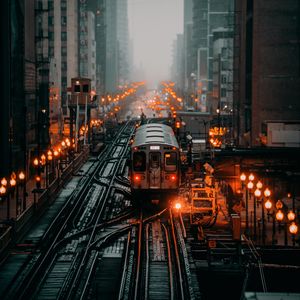 Preview wallpaper train, railroad, rails, city, fog