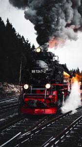 Preview wallpaper train, railroad, rails, smoke, trees