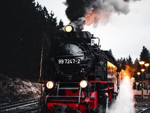 Preview wallpaper train, railroad, rails, smoke, trees