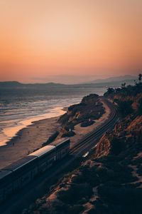 Preview wallpaper train, rails, coast, mountains