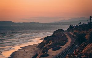 Preview wallpaper train, rails, coast, mountains