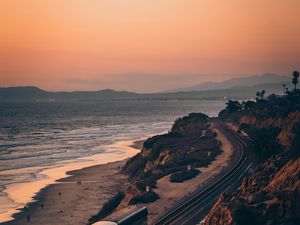 Preview wallpaper train, rails, coast, mountains