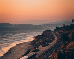 Preview wallpaper train, rails, coast, mountains