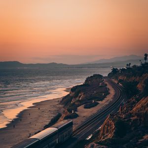 Preview wallpaper train, rails, coast, mountains