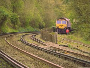 Preview wallpaper train, rails, forest, trees