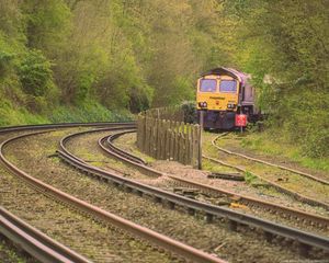 Preview wallpaper train, rails, forest, trees