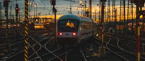 Preview wallpaper train, rails, railroad, sunset, dusk