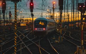 Preview wallpaper train, rails, railroad, sunset, dusk