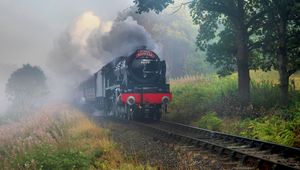 Preview wallpaper train, rails, smoke, trees