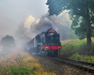 Preview wallpaper train, rails, smoke, trees