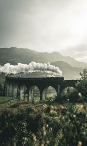 Preview wallpaper train, railway, bridge, mountains, smoke, glenfinnan viaduct, glenfinnan, united kingdom