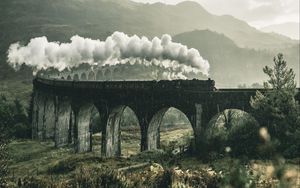 Preview wallpaper train, railway, bridge, mountains, smoke, glenfinnan viaduct, glenfinnan, united kingdom