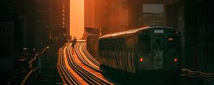 Preview wallpaper train, railway, buildings, sun, sunset