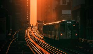 Preview wallpaper train, railway, buildings, sun, sunset