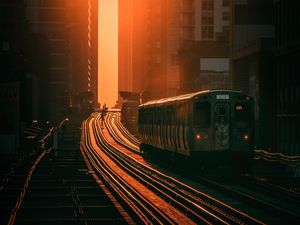 Preview wallpaper train, railway, buildings, sun, sunset