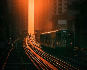 Preview wallpaper train, railway, buildings, sun, sunset