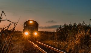 Preview wallpaper train, railway, evening, glow