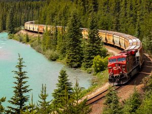 Preview wallpaper train, railway, forest, lake, travel