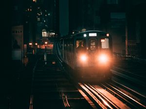 Preview wallpaper train, railway, night city, lights