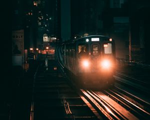 Preview wallpaper train, railway, night city, lights