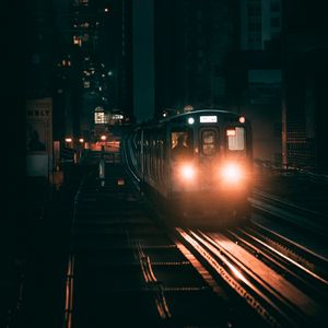 Preview wallpaper train, railway, night city, lights