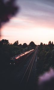 Preview wallpaper train, railway, rails, trees, twilight, dark