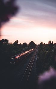 Preview wallpaper train, railway, rails, trees, twilight, dark