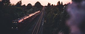 Preview wallpaper train, railway, rails, trees, twilight, dark