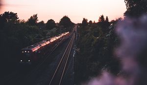 Preview wallpaper train, railway, rails, trees, twilight, dark