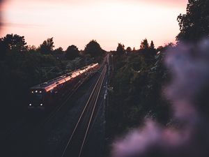 Preview wallpaper train, railway, rails, trees, twilight, dark