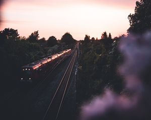 Preview wallpaper train, railway, rails, trees, twilight, dark