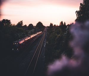 Preview wallpaper train, railway, rails, trees, twilight, dark