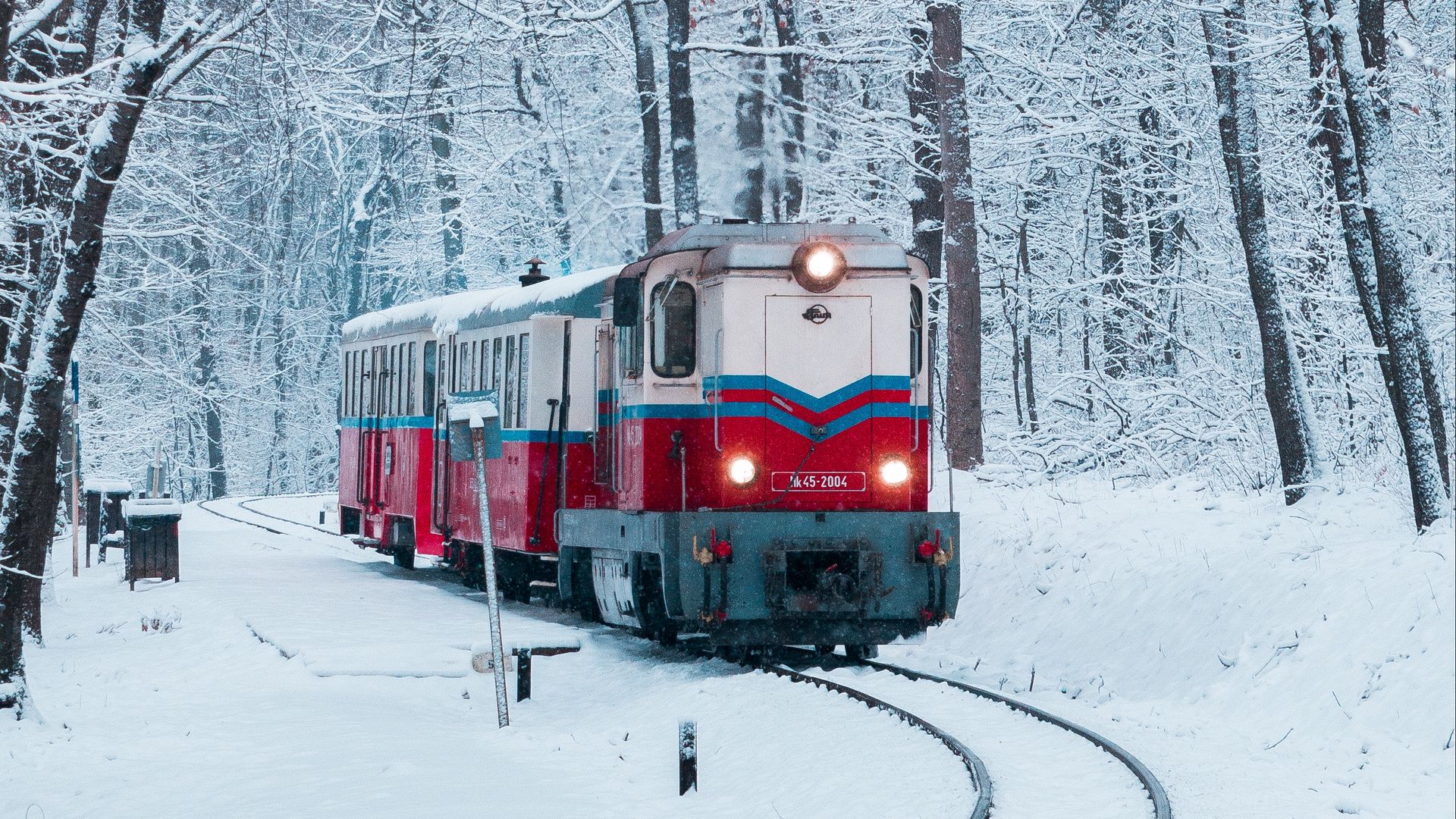 Download wallpaper 1920x1080 train, railway, snow, forest full hd, hdtv,  fhd, 1080p hd background