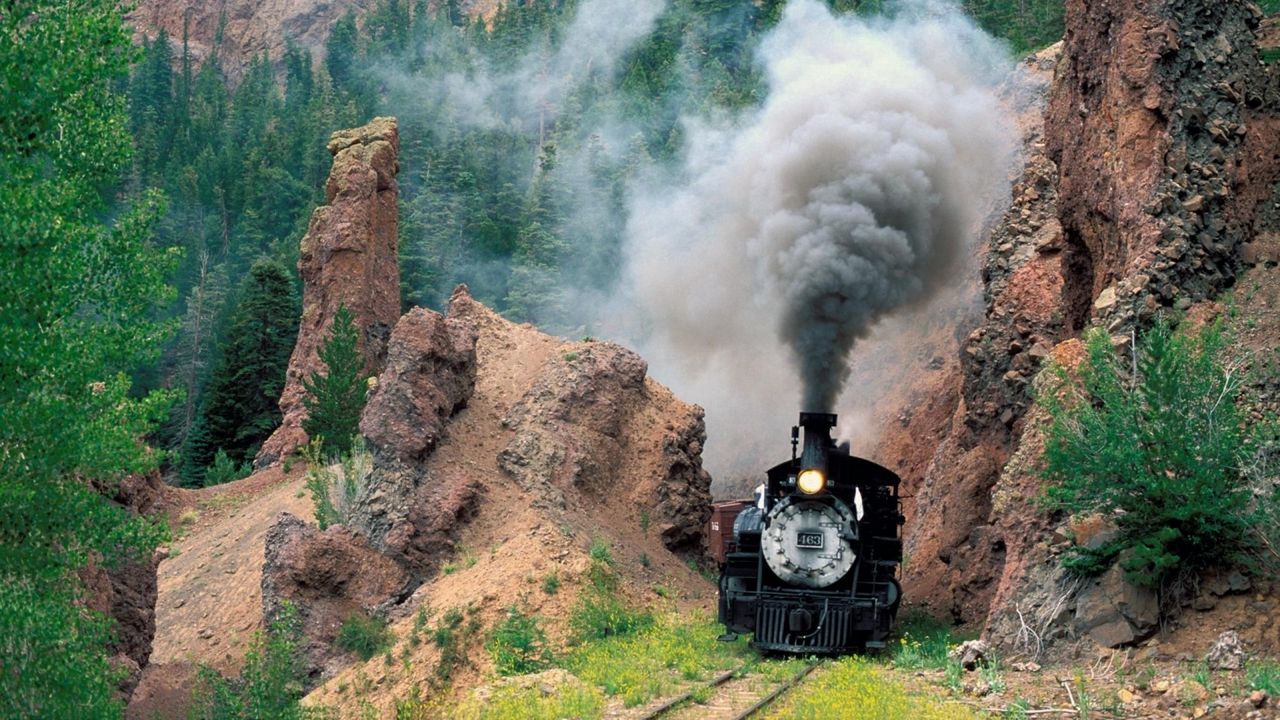 Wallpaper train, smoke, mountains, grass