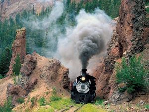 Preview wallpaper train, smoke, mountains, grass