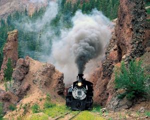 Preview wallpaper train, smoke, mountains, grass