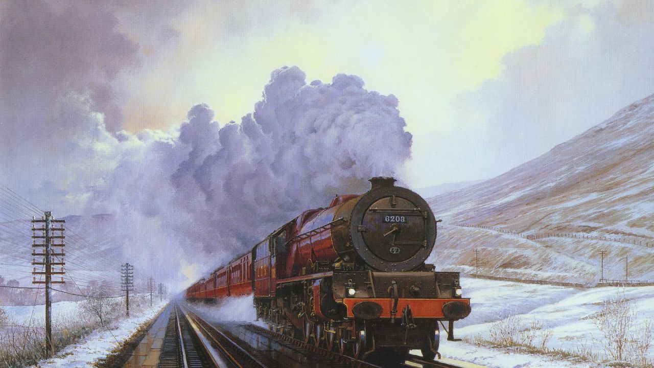 Wallpaper train, snow, winter, painting, canvas, smoke